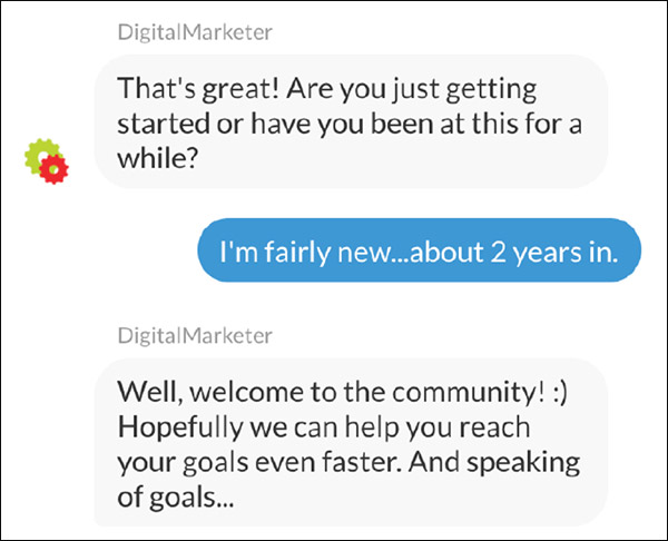 The DigitalMarketer bot moves on to Question #2—asking more about their business