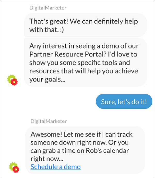 The DigitalMarketer chatbot asking if they'd like to schedule a time to talk more