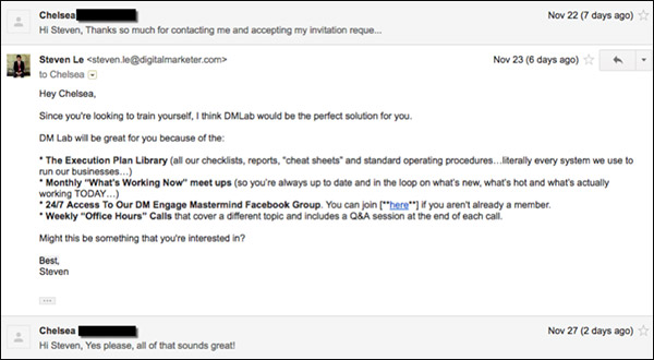 An example of an email chain between a DigitalMarketer sales rep and a customer