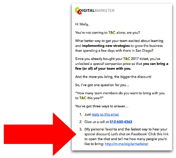 An email DigitalMarketer sent asking for a reply. And in this email, DM gave people 3 ways to respond