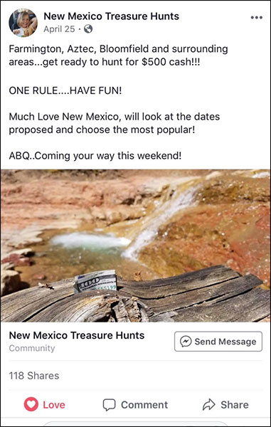 Treasure hunt organic post where someone hid money across New Mexico